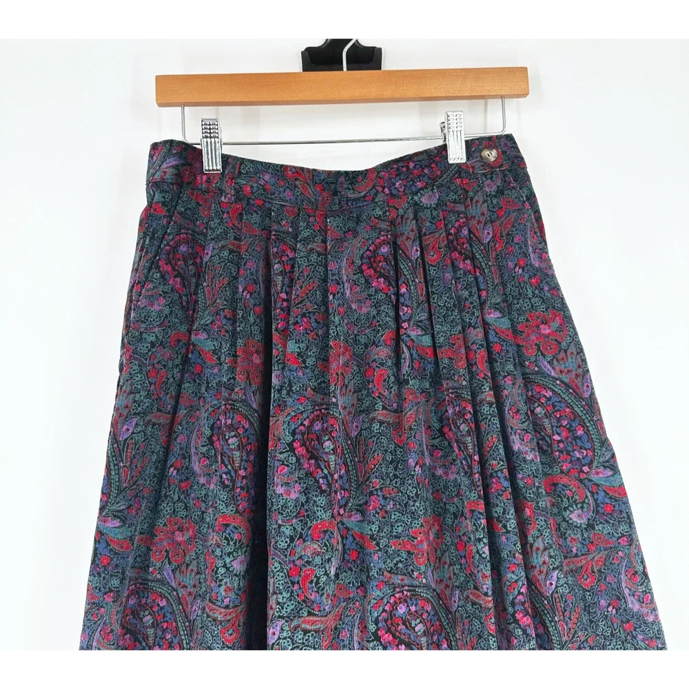 VTG 90s L L Bean Corduroy Paisley Midi Skirt Size 12 Cottagecore Pleated Prairie